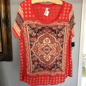 Lucky Brand Dark Orange Mandala Front & back T shirt 1X 60% Cotton 40% Modal